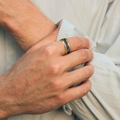 King Will Tungsten Wedding Band Wood Inlay for Men Black Beveled Edge | Black, 8mm, Beveled Edge, Comfort Fit, Wood inlay, Promise Gift - color: Colorful Wood Chips-Gold