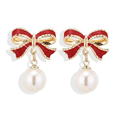 Pearl Bow Earrings for Women Coquette Aesthetic Jewelry Rhinestone Bow Earrings for Bridesmaids Wedding Party Accessories Bridal Costume Accents Bowknot Themed Gifts - color: B2: Red Bow Pearl Earrings