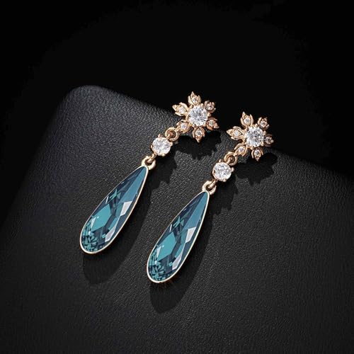 Austrian Crystal Teardrop Earrings Flower Dangle Earrings for Women 14K Gold Plated Drop Stud Earrings Hypoallergenic Jewelry - color: Dark Blue
