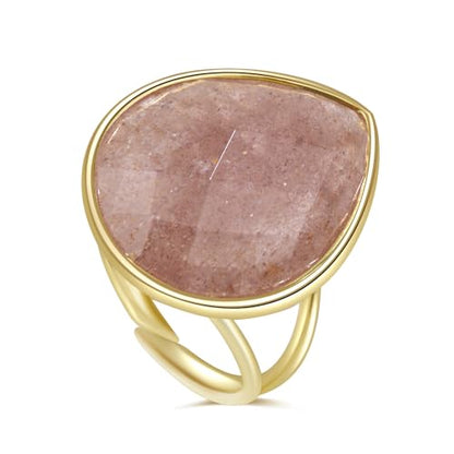 Crystal Ring for Women, Natural Rose Quartz Green Fluorite Ring for Her, Teardrop Shape Gemstone Ring, Handmade rose quartz Jewelry Adjustable Ring. - color: Red Strawberry Quartz