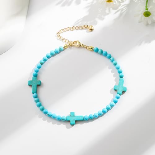 Starain Stone Beaded Anklets for Women Handmade Beach Turquoise Beads Ankle Bracelet Trendy Boho Cross Bead Anklet Jewelry 8 inch Adjustable - color: A