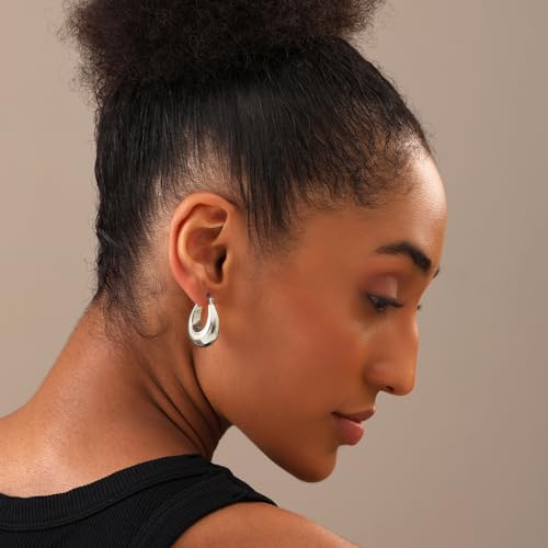 LeCalla Sterling Silver Hoop Earrings for Women | Lightweight Silver Chunky Hoop Earrings | Handmade Electroform Hollow Italian Design Click-Top Earrings Hoop - color: Chunky Thick Oval