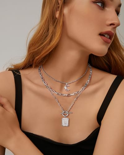 MJartoria Layered Initial Necklaces for Women Trendy, 14K Gold Plated Brass Simple Moon Choker Square Letter Pendant Necklace, Paperclip Chain Necklaces Jewelry Gifts - color: Silver, style: L