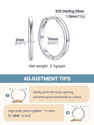 PROSTEEL Huggie Hoop Earrings For Women with 925 Sterling Silver Post | 8/10/12/14/16/18/20mm,14K Gold Plated/Black/Rose Gold/Silver Brass Lightweight Cubic Zirconia Cartilage Piercing Earring - color: 1. Silver, size: 16mm