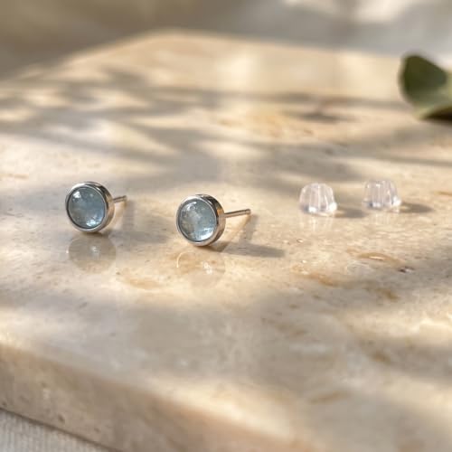 Natural Aquamarine Earrings with 925 Sterling Silver Studs | 6.5 mm Light Blue Stud Earrings for Sensitive Ears | Minimalist Unisex March Birthstone Jewelry | Wedding Bride Gift