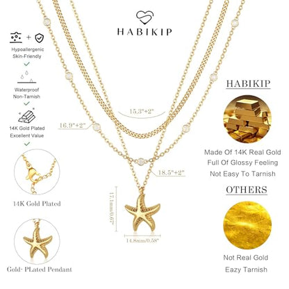 Shell Starfish Charm for Women, Dainty Layered 14K Gold Plated Seashell Conch Starfish Pearl Pendant Necklace for Women Stack Trendy Beach Cuban Link CZ Chain Necklace Summer Vacation Jewelry - color: 3PCS / Starfish & CZ Chain & Cuban