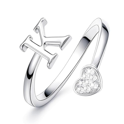 Lunvky Birthday Gifts Silver Initial Rings for Women Teen Girl Kids Trendy Stuff Dainty 14K Gold Plated Adjustable Heart Letter Thumb Rings Pinky Cute Jewelry Personalized Gift - color: Silver, size: Initial-K