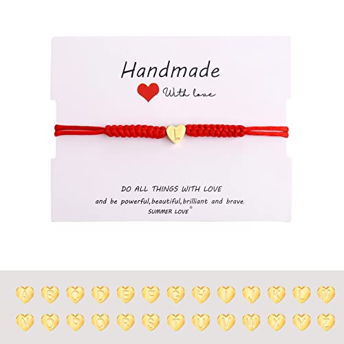 Dainty Gold Heart Love Charm Initial Bracelet Black Pink Red String Rope Letter Bracelet for Women Men Christmas Gift - color: Red