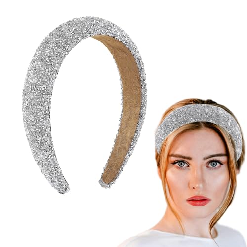 Glitter Crystal Headband for Women - Sparkly Bling Diamond Wide Hairband With Sparkle Beaded Crystals, Thick Padded, Non-Slip Hair Hoop for Party (White, L) - color: White