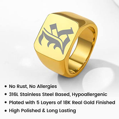 GoldChic Jewelry Personalized Signet Rings Men Women, Stainless Steel Custom Photo Bold Square/Oval Monogram/Old English Initial Pinky Stacking Statement Ring in Black/Silver/Gold (Size 7-14) - color: Gold-Initial -Square