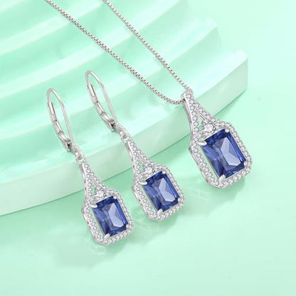 Created Gemstone Necklace 925 Sterling Silver Halo Rectangular Pendant Birthstone Necklaces Jewelry Gifts for Women - color: 12 December - Tanzanite