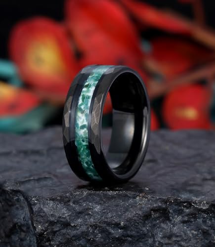 8mm Black Tungsten Mens Wedding Band with Moss Agate/Emerald/Citrine | Amethyst/Aquamarine, Gothic, Birthstone, Hammered, Engagement Promise Ring, Anniversary Valentine Day Birthday Gift for Him - style: Green Moss Agate
