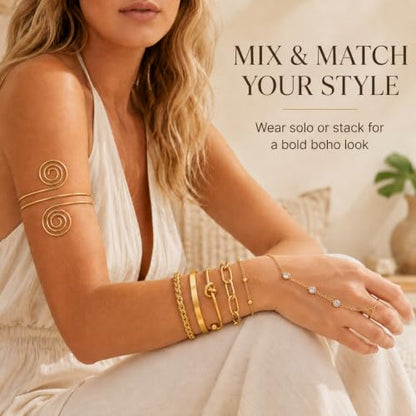 11PCS Gold-Tone Jewelry Set for Women, Includes 4 Upper Arm Cuffs, 2 Hand Chain Bracelets and 5 Bracelets for Women, Boho Disign for Beach, Vacation, Festival and Party Looks