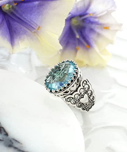 Filigranist 925 Sterling Silver Handcrafted Filigre Art Double Heart Detailed Women Cocktail Ring with Gemstones - color: Sky Blue Topaz