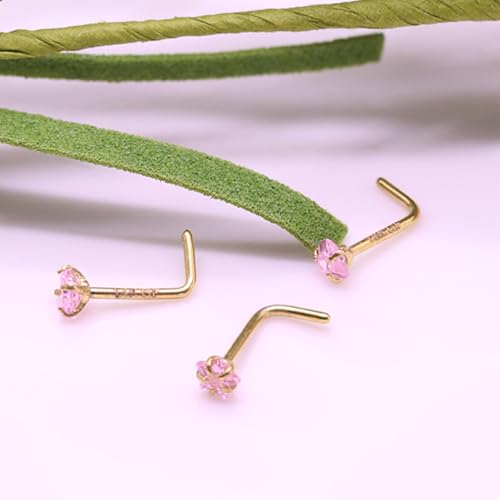 3 Pcs 14K Gold Filled Nose Studs 20G Stainless Steel Stud Nose Ring 2mm/2.5mm/3mm Round CZ L Bend Nose Stud Hypoallergenic Nose Piercing - color: pink L