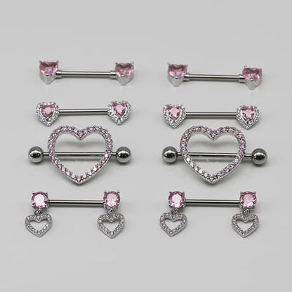 BSJ4U Nipple Ring and Belly Button Ring Set 14G Stainless Steel Sparkly Pink CZ Heart Bar Barbell Nipple Belly Piercing Body Jewelry - style: Cute