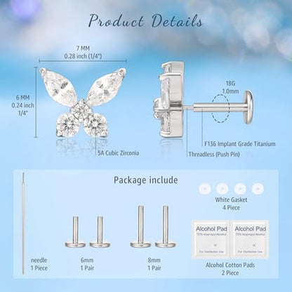 Limerencia G23 Hypoallergenic 18g Flat Back Stud Earrings | F136 Implant Grade Titanium Press Fit Threadless Push Pop in Cartilage Helix Labret Lip Monroe Tragus Piercing Studs - color: Butterfly CZ Silver