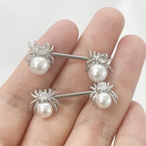 14G White Spider Nipple Rings for Women Surgical Stainless Steel Pearl CZ Spiders Nipplerings Nipple Shield Studs Barbells Halloween Body Piercing Jewelry