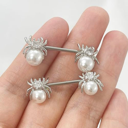 14G White Spider Nipple Rings for Women Surgical Stainless Steel Pearl CZ Spiders Nipplerings Nipple Shield Studs Barbells Halloween Body Piercing Jewelry