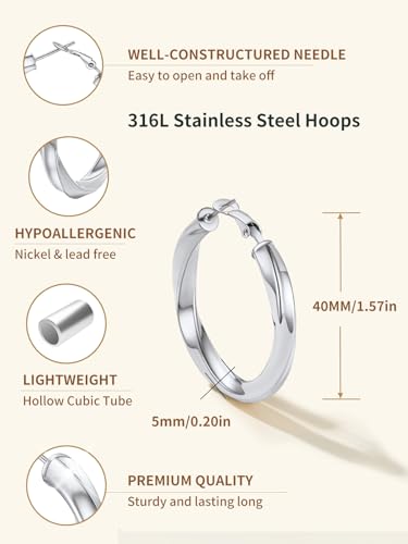 FindChic Twisted Hoop Earrings for Women, Silver/Black/14K Gold Plated Hypoallergenic Hollow Tube Rounded Loop Earrings, 30mm/40mm/60mm/80mm Hoops with Custom Name Options and Gift Box - color: b.Silver, size: 40MM
