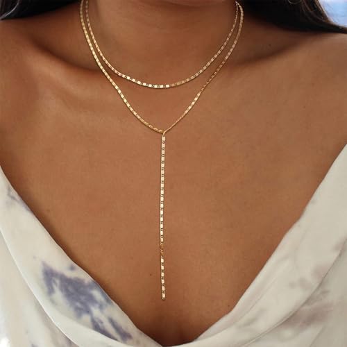 Dcfywl731 Minimal Dainty Gold Plated Dangle Earrings Layered Bar Pendant Neckalce Gold Long Y-Necklace Gold Earrings and Necklaces Set Delicate Lariat Chain Jewelry for Women - color: BLACK