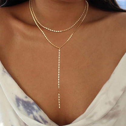 Dcfywl731 Minimal Dainty Gold Plated Dangle Earrings Layered Bar Pendant Neckalce Gold Long Y-Necklace Gold Earrings and Necklaces Set Delicate Lariat Chain Jewelry for Women - color: BLACK