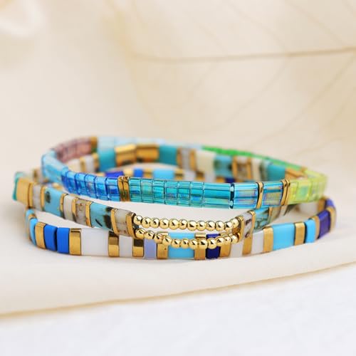 Sonateomber Tila Flat Beaded Stretch Bracelets for Women, Trendy Unique Colorful Square Beads Handmade Stack Bracelet Friendship Accessories Fashion Jewelry Gift - color: Gold Bead Turquoise White