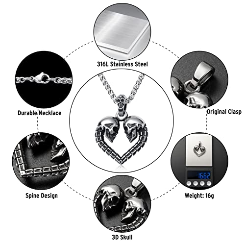 Skull Necklace for Men Stainless Steel Gothic Punk Emo Biker Necklace Jewelry for Men 60cm - style: Heart Skull