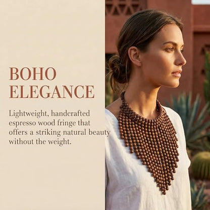 Coiris Boho African Wooden or Acrylic Beaded Bib Statement Necklace Strands Layered Cluster Chunky Collar Choker Wood Necklace for Women Fashion Costume Jewelry - color: Brown