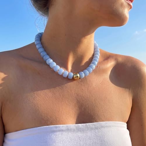Badu Colorful Chunky Beaded Choker Necklace, Acrylic Colorful Bead Statement Necklaces, Adjustable Summer Beach Jewelry Gift for Women - color: Blue