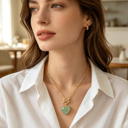 Teardrop CZ Pendant Paperclip Chain Necklace 18K Plated Paperclip Toggle Necklace Jewelry Birthstone Gift for Women - color: Heart Green Aventurine