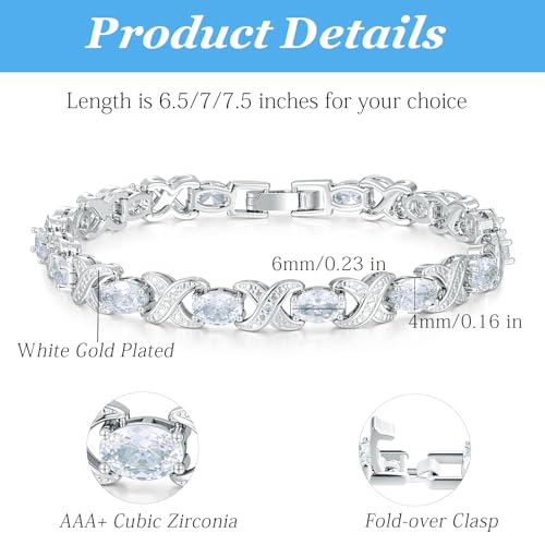 Tennis Bracelets for Women, Oval Tennis Bracelets with X-Shape Classic Design Cubic Zirconia Bracelet for Women Men, 14K White Gold Plated Elegant CZ Bracelet 6.5-7.5 Inches - size: 6.5 inch