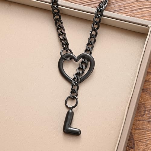 sroyte Black Heart Slip Chain Initial Necklaces for Women,Stainless Steel O-Ring Adjustable Lariat Heart Y-Necklace,Punk Gothic Cuban Collar Choker Necklace for women - color: Black L