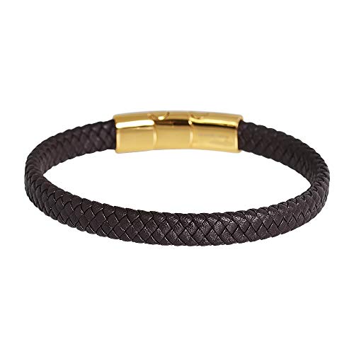 Geoffrey Beene Men's Braided Genuine Leather Bracelet with Stainless Steel Closure - color: Brown, Gold