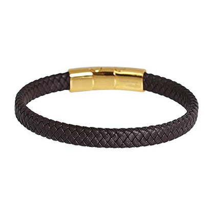 Geoffrey Beene Men's Braided Genuine Leather Bracelet with Stainless Steel Closure - color: Brown, Gold