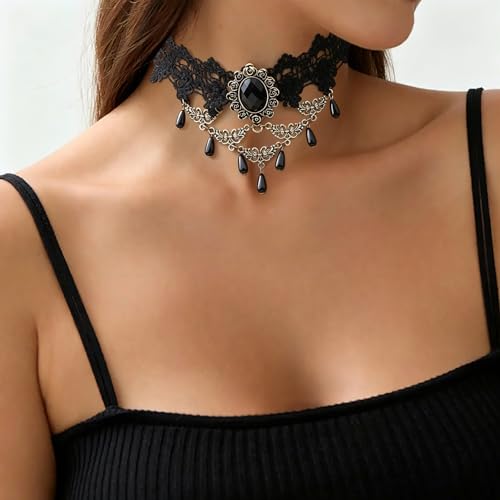 Black Necklaces for Women,Adjustable Layered Collar,Goth Jewelry - color: Gem