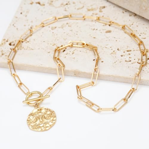 Chunky Gold Necklace for Women, 18K Waterproof Heart Necklace Statement Necklace Gold Charm Necklace Chunky Jewelry Paperclip Chain Choker Gift for Women - style: Star Moon Coin