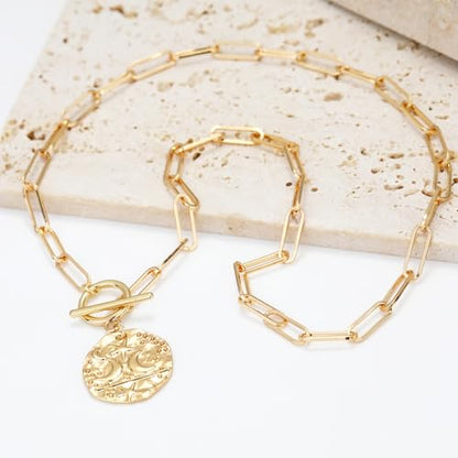 Chunky Gold Necklace for Women, 18K Waterproof Heart Necklace Statement Necklace Gold Charm Necklace Chunky Jewelry Paperclip Chain Choker Gift for Women - style: Star Moon Coin