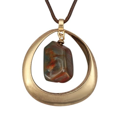 GelConnie Leather Necklace for Women Round Wooden Pendant Long Leather Choker Vintage Sweater Necklace Gold Chunky Boho Necklaces for Women - style: Brown Stone Leather Necklace