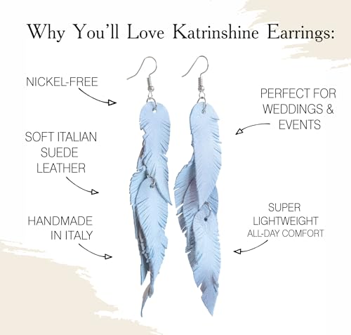 Leather Feather Earrings, Suede layered earrings, boho wedding jewelry, summer earrings, gift for her, dangle earrings - color: light blue