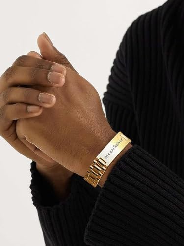 ChainsHouse Men Stainless Steel Bracelet Adjustable Custom ID Engraved Gift | Personalized Silver/Gold/Black for Birthday Father Husband Boyfriend with Gift Box Adjustable Tool 10mm/15mm/15.5mm 8.3"/8.7" - color: L.15mm Width-Gold-Text Custom