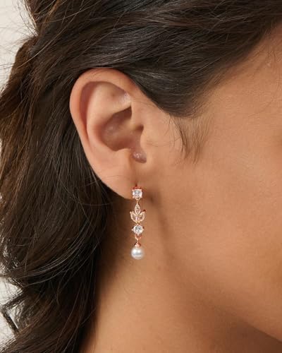 Pearl Earrings - 14K Gold/White Gold/Rose Gold Plated Cubic Zirconia CZ Diaomond Accented Pearl Drop Dangle Earrings for Women Wedding Bridal Prom - color: Rose gold Leaf Dangle