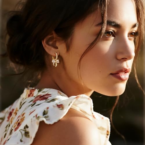 Sonateomber Gold Silver Small Hoop Dangle Earrings for Women, Trendy Dainty Rhinestone CZ Dangling Prom Wedding Leaf Flower Snowflake Butterfly Starfish Fashion Jewelry Gift - color: Gold Bow