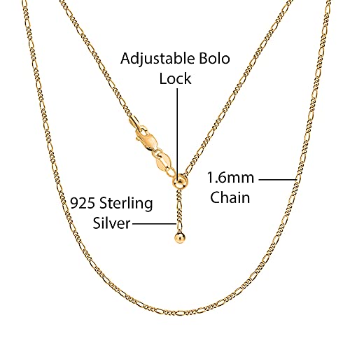 Savlano 925 Sterling Silver Italian Solid 1.6MM Figaro Adjustable Bolo 14-24 Inch Chain Necklace For Women - Made in Italy Comes With a Gift Box - style: Gold Plated