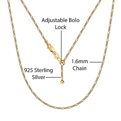 Savlano 925 Sterling Silver Italian Solid 1.6MM Figaro Adjustable Bolo 14-24 Inch Chain Necklace For Women - Made in Italy Comes With a Gift Box - style: Gold Plated