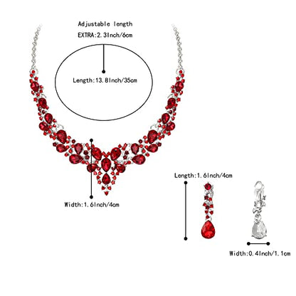 Wedding Statement Necklace Clip-on Earrings Jewelry Set | Sparkling Austrian Crystal Teardrop Cluster for Party Prom Accessories - color: 06-Ruby Color Silver-Tone