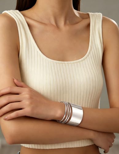 2Pcs Cuff Bangle Bracelet for Women Open Wide Bangle Bracelet Set | minimalist statement bangle bracelets，wrist cuff wrap bracelet adjustable，open wide wire grooved hammered bracelet set - color: 2PCS-Sliver-F