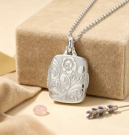 YOUFENG Love Heart Locket 14K Gold-Filled Oval Circle Rectangle Lockets that Hold Pictures Floral Patterns Necklace for Women - style: Silver Rectangle