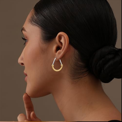 LeCalla 925 Sterling Silver Hoop Earrings for Women | Italian Design Classic Diamond-Cut Textured Hoops Earring | Women's Oval Drop Shape Silver Earring Jewelry - color: Medium Two-Tone