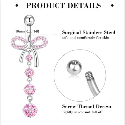 Suotarn 14G Belly Button ring Dangle Belly Rings Surgical Stainless Steel Cute Bow Butterfly Heart Flower Dangling Belly Button Piercing Jewelry For Women Silver Dainty Dangly Navel Ring - color: mix color